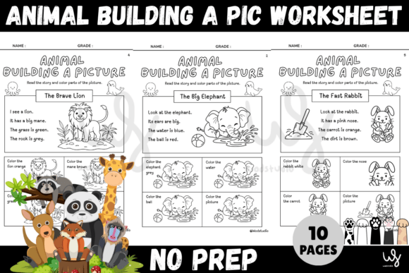 10 No-Prep Animal Reading & Color Pack