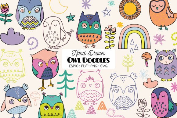 Enchanting Owl Color Doodle: Rainbow, Moon, Flower & Nature Designs