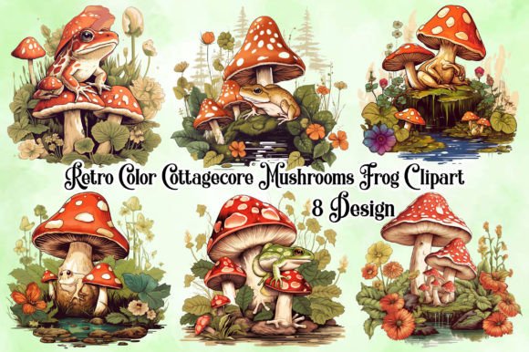 Enchanting Retro Color Cottagecore Mushrooms Frog Design Assets